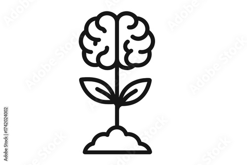 Growth mindset vector icon. Brain plant flower metaphor. Personal development, self improvement, learning, potential, knowledge, mental health, psychology concept. Positive mind.