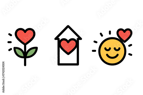 Love and happiness icon set. Growing flower with heart, symbol of self improvement and mental health. Home with heart for charity and care. Smiley face for positive emotion.