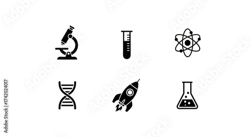 Collection of science and research icons including microscope, DNA, and rocket