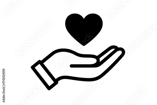 Charity, donation and helping concept. Hand with love heart symbol. Vector icon for social project, volunteer, kindness, hope and health care. Giving love and support sign.
