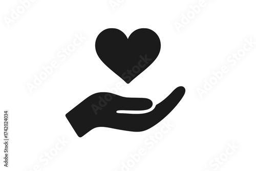 Hand holding heart icon. Symbol for charity, donation, and help. Vector logo for concepts like love, care, health, life, and support. Philanthropy and volunteering sign.