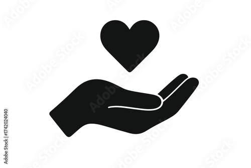 Help and charity icon. Hand with love symbol. Concept of giving, donation and volunteering. Metaphor for kindness, support, and hope. Health care and social assistance pictogram.