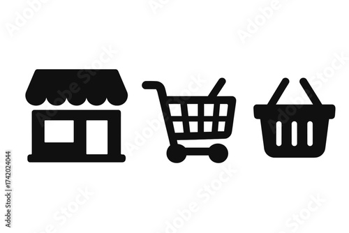 Shopping icon set for web and mobile. Storefront, cart, and basket symbols. E-commerce, retail, and sales concepts. Vector graphic for online shop, market, buy button, checkout.