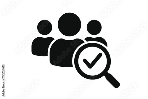Hiring icon and human resources concept. Find people and recruitment symbol. Headhunting and staffing. Talent acquisition with approved candidate checkmark. Vector illustration.