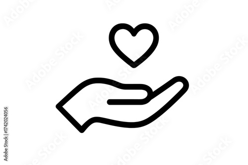 Help and charity icon with hand holding a love symbol. Vector for donation, support, and volunteering. Concept of kindness, care, health, community and giving. Non-profit.