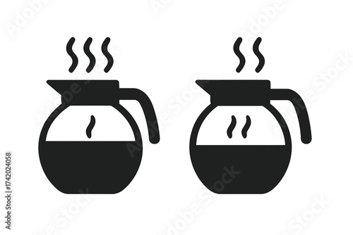 Coffee pot icon set. Hot steaming coffee jug symbol. Freshly brewed beverage for breakfast. Vector silhouette for cafe menu, restaurant, or kitchen graphic design element.