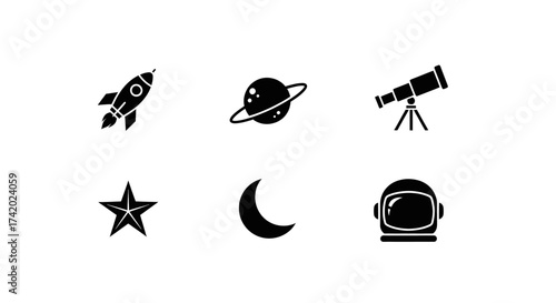 Cosmic exploration icons including a rocket, planet, telescope, star, moon, and helmet.