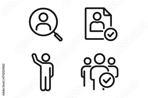 Hiring icon set. Human resources concept. Job search, find people, headhunting. Recruitment process vector. Staffing, approved resume, candidate selection for employment.