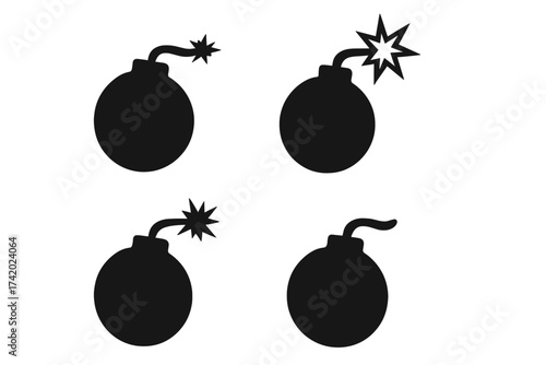 Bomb icon set. Vector illustration of explosive symbols. Black silhouette of cartoon bombs with lit fuse, spark and explosion. Danger, weapon and warning signs. Boom concept.