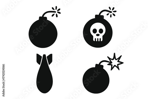 Bomb icon set. Vector illustration of explosive weapons. Danger symbols collection with skull, aerial bomb, and lit fuse. Flat design pictogram for war and conflict concepts.