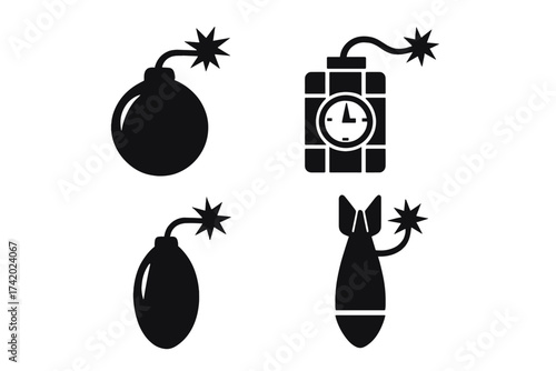 Bomb icon set. Vector illustration collection of explosive devices. Dynamite time bomb with a clock timer, classic round bomb with a lit fuse, and an aerial bomb weapon.