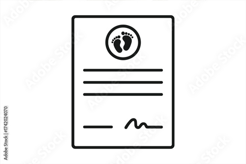 Birth certificate vector icon with baby footprint seal. Official document for newborn registration. Legal birth record concept for identity, family, new life, and parenthood.