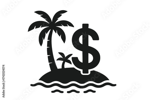 Tax haven and fiscal paradise concept. Dollar currency on tropical island. Offshore banking and finance symbol. Money laundering and tax evasion metaphor vector illustration.