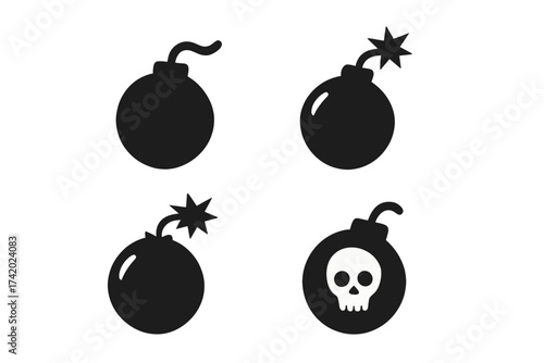 Bomb icon set vector illustration. Collection of black silhouette bomb symbols with lit fuse and spark. Danger, warning, and explosion concept. Hazardous explosive pictogram.