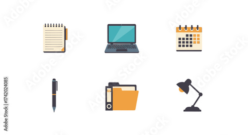 Collection of modern office supplies and technology icons for productivity and planning