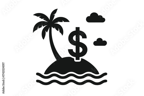 Tax haven and fiscal paradise icon with dollar sign on a tropical island. Offshore banking and tax evasion concept. Financial investment and wealth management symbol. Vector.