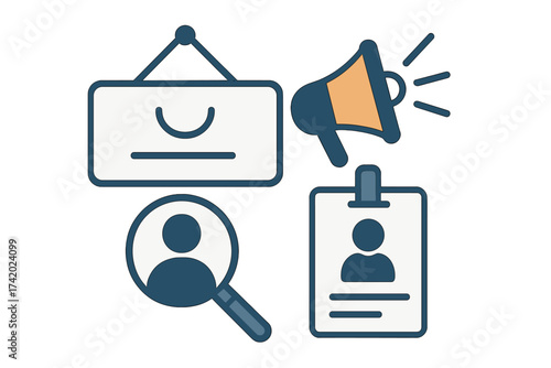 Human resources icon set for recruitment and job vacancy announcement. Vector illustration of headhunting, hiring process, employee search, and career opportunity concepts.