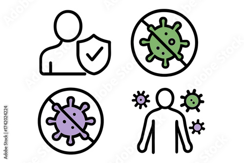 Immunity icon set for medical prevention. Human immune system, virus protection, and antibacterial defense symbols. Germ shield, health care, and infection control vector signs.