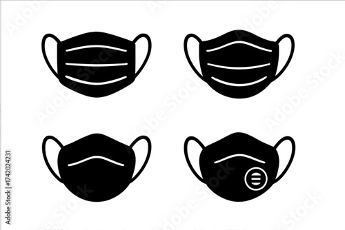 Medical face mask vector icon set. Surgical, respirator, and protective masks collection. Health care safety symbol for virus and pandemic protection. Isolated silhouette.