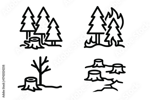 Deforestation and forest fire icon set. Line icons of logging, wildfire, drought, and environmental damage. Climate change, nature destruction, and ecology vector symbols.