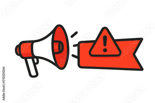 Megaphone with alert banner for important announcement. Loudspeaker communication concept. Red warning or danger sign with exclamation mark. Attention grabbing vector illustration.