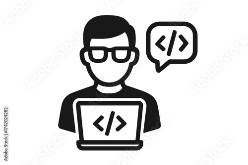 Developer icon, programmer working on a laptop computer. Coder, software engineer symbol. Web development, programming, and coding concept. IT specialist, geek, hacker sign.