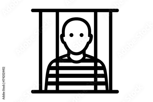 Prisoner behind bars icon. Inmate in striped uniform. Jail, prison, punishment concept. Criminal man locked in cell. Justice and law symbol. Convict vector illustration.