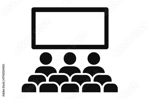 Cinema hall icon with audience watching movie on big screen. People in theater, conference, or presentation. Spectators looking at blank display. Vector for film industry.