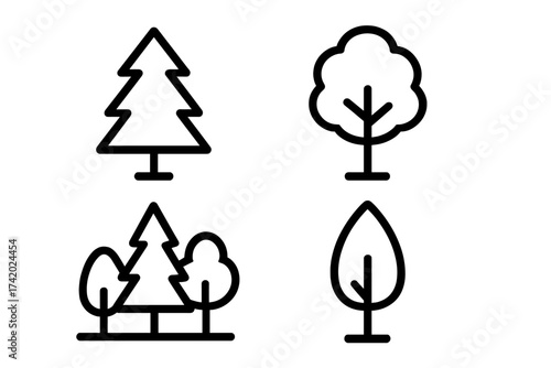 Tree line icon set. Simple forest, park, and plant symbols. Collection of pine, conifer, and deciduous trees. Vector illustration for nature, ecology, and environment concept.