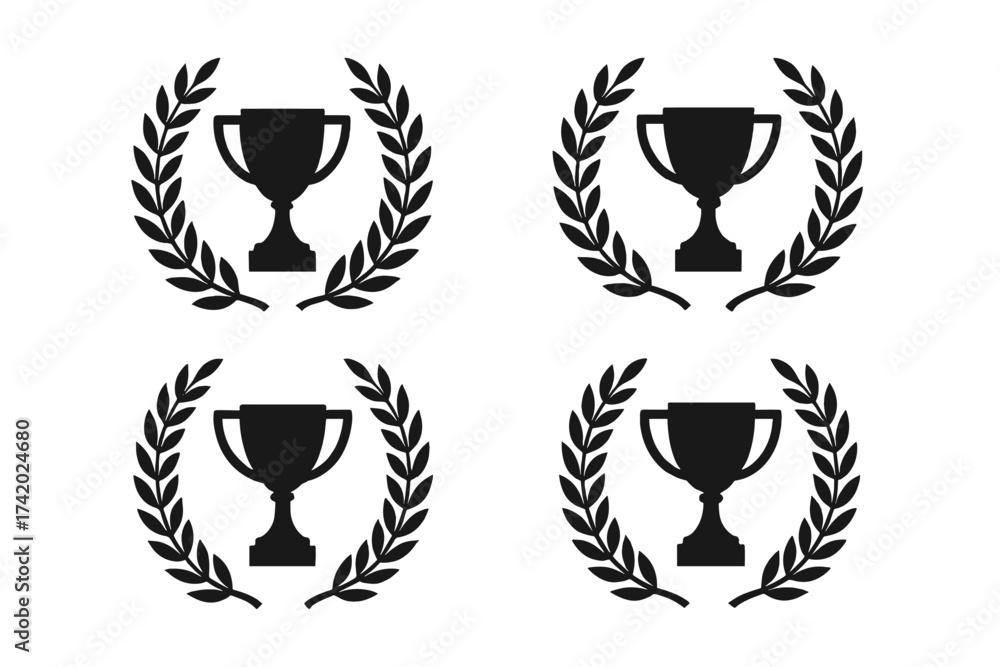 Obraz premium Trophy cup in a laurel wreath icon set. Award, victory, and champion symbol. Black silhouette for success and achievement. Best quality first place competition vector emblem.