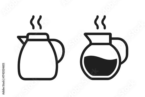 Coffee pot and tea kettle line icon set. Hot beverage carafe and water pitcher vector illustration. Simple outline pictogram for cafe, restaurant menu or kitchenware.