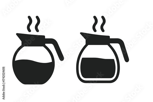 Coffee pot icon set. Hot coffee jug symbol. Vector illustration of a coffee carafe with steam. Black silhouette and outline style pictograms for cafe menu or restaurant.