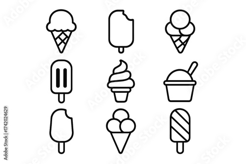 Ice cream line icons set. Vector illustration collection of frozen dessert symbols. Simple outline graphic of gelato, popsicle, sorbet, sundae, cone, scoop, cup and ice lolly.