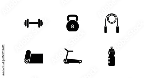 Collection of essential fitness equipment icons for a healthy lifestyle