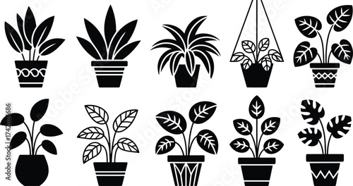 Black and white potted plant icons set, minimalist botanical design, indoor plant silhouette collection, modern home decor vector illustration