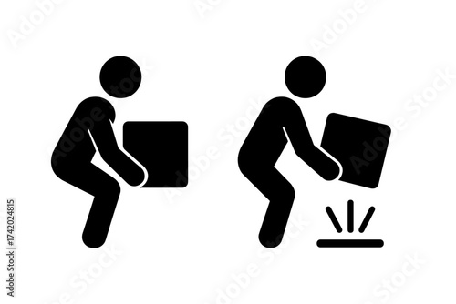 Ergonomic lifting technique and dropping hazard icon. Man lifting heavy box with correct posture. Manual handling safety pictogram. Workplace injury prevention vector symbol set.