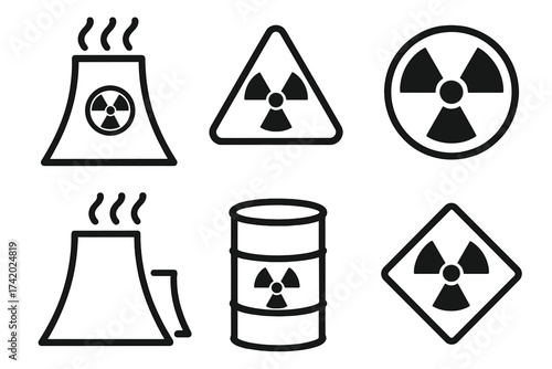 Nuclear power plant icon set. Atomic energy symbols. Radioactive hazard warning sign. Radiation pictogram. Cooling tower and waste barrel vector illustration collection isolated.