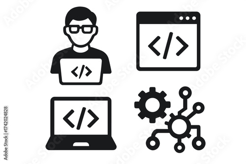 Programmer icon set. Software developer with laptop. Coding and web development symbols. Code script in browser window. API integration and automation gear network vector icons.