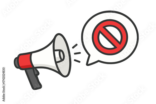 Megaphone with a stop symbol. Concept of censorship, protest, cancelled announcement. Freedom of speech restriction, ban, prohibited or no message. Vector illustration.