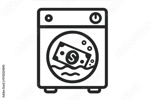 Money laundering concept. Washing money icon. Financial crime symbol. Illegal activity, corruption and tax evasion metaphor. Banknote in a washing machine vector illustration.