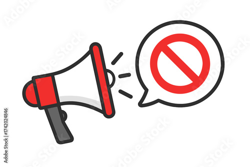 Megaphone with red stop symbol in speech bubble. No protest, restriction, censorship icon. Cancel culture or demonstration ban concept. Freedom of speech denied. Vector.