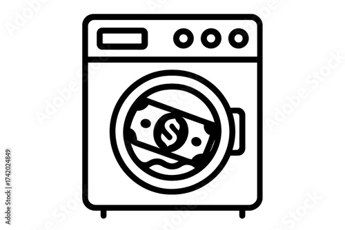 Money laundering concept icon. Washing money metaphor. Financial crime and corruption symbol. Dirty money in a washing machine. Tax evasion, fraud vector illustration. Outline.