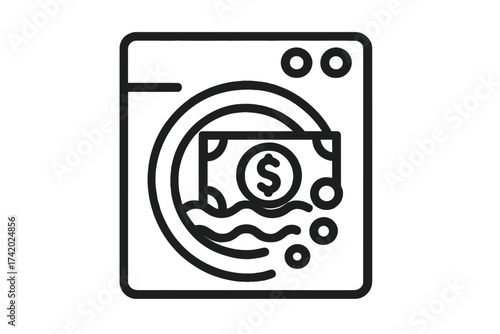 Money laundering concept. Washing machine with dollar bill. Dirty money metaphor. Laundering cash, illegal income, tax evasion, corruption, financial crime. Finance icon vector.
