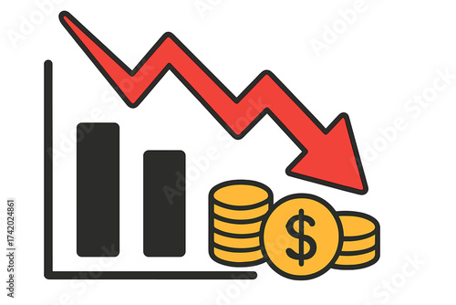 Money loss icon. Financial crisis concept with chart, red down arrow, and coins. Economic recession, market crash, and business failure illustration. Stock investment loss.