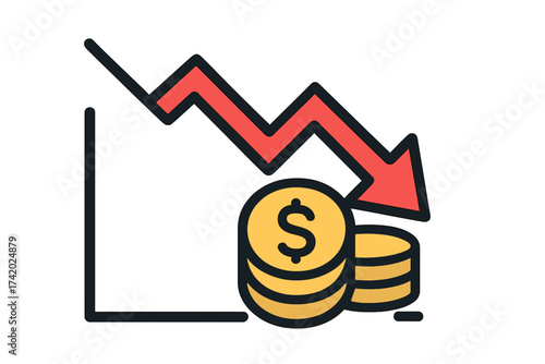 Money loss icon with chart, red down arrow and dollar coins. Financial crisis, recession, inflation concept. Vector for depreciation, stock market crash, investment loss.