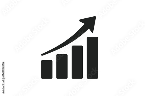 Growing bar graph icon with arrow up. Business growth, financial success symbol. Progress chart for marketing strategy, profit increase, and investment return. Data analytics.