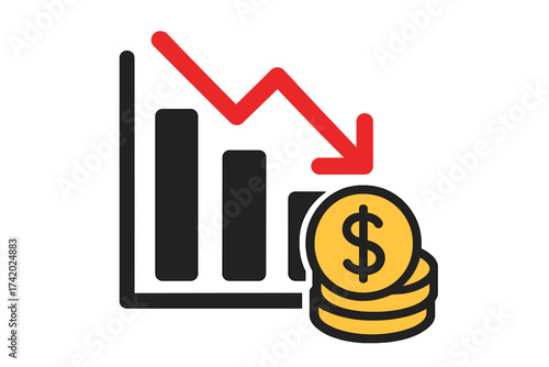 Money loss vector icon. Financial crisis concept with decline chart, red down arrow, dollar coins. Economic recession, market crash, investment risk, budget fail symbol.