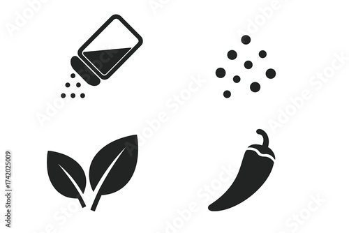 Spice and seasoning vector icon set. Pepper shaker, salt, hot chili, and herb leaf symbols. Culinary glyph collection for cooking, kitchen graphics, and food concepts.