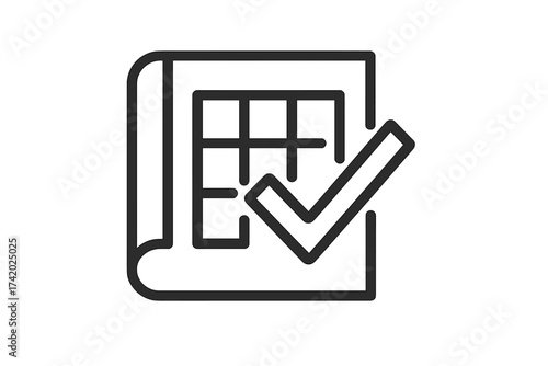 Planning icon with check mark. Business plan blueprint symbol. Project management concept. Strategy, development, task completed, success, goal achievement, approved project.