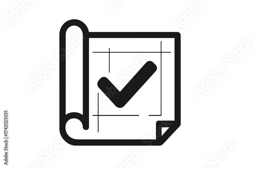 Planning icon. Check mark on blueprint. Symbol of business plan, project management. Concept of strategy, success, approval, validation. Task completed vector illustration.